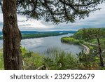 Mississippi River in Effigy Mounds National Monument. Fire Point view of Mississippi River Gorge from the top of the bluff. Iowa and Wisconsin border. Spring flood stage. 