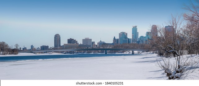 Mississippi River And Minneapolis  Downtown Winter Panorama