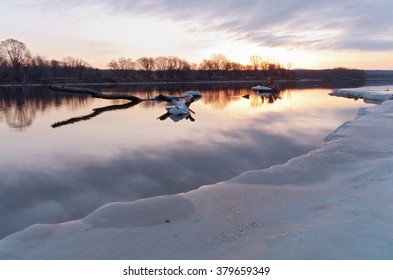 Mississippi River In South Saint Paul Minnesota At Daybreak In Winter Along Icy Banks