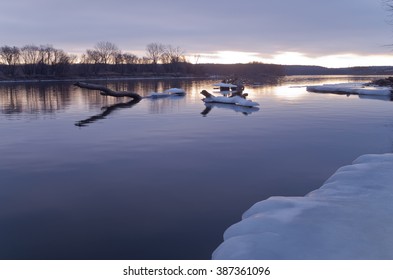 Mississippi River In South Saint Paul Minnesota At Daybreak In Winter Along Icy Banks