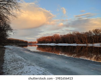 Mississippi River At Sundown Near The End Of Winter