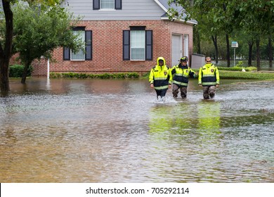 Missouri City, Texas - August 29, 2017: The first responders from Missouri City Fire Station 4 inspect flooded houses in Sienna Plantation. Harvey caused many flooded areas in Houston and its suburbs