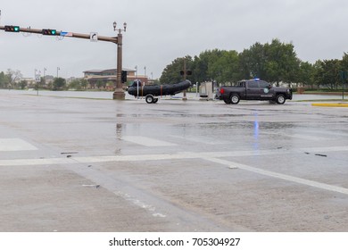 Missouri City, Texas - August 29, 2017: Texas Border Guard Trucks With Boats Deployed To Sienna Plantation. Thousands Of National Guard Troops Have Been Deployed For Rescue Missions In Houston Area