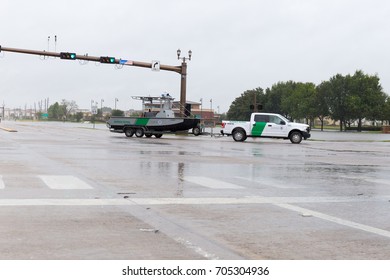 Missouri City, Texas - August 29, 2017: Texas Border Guard Trucks And Boats Deployed To Sienna Plantation. Thousands Of National Guard Troops Have Been Deployed For Rescue Missions In Houston Area