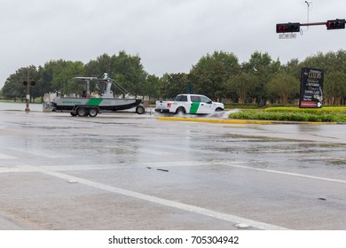 Missouri City, Texas - August 29, 2017: Texas Border Guard Trucks And Boats Deployed To Sienna Plantation. Thousands Of National Guard Troops Have Been Deployed For Rescue Missions In Houston Area