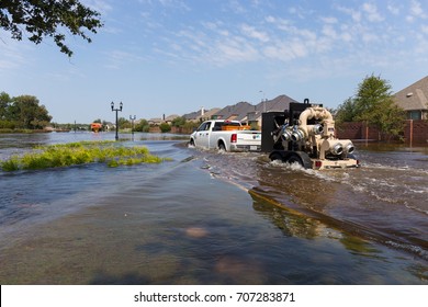 Missouri City, Texas - September 1, 2017: Mobile Flood Pumps Are Brought To The Riverstone Neighborhood For Disaster Relief After Hurricane Harvey