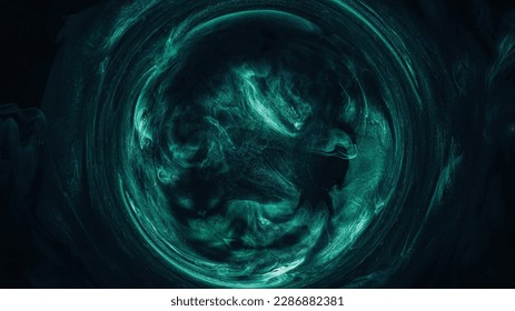 Mist circle. Round frame. Mystic vortex. Green blue color glowing sparkling glitter particles in smoke swirl on dark black abstract background. - Powered by Shutterstock