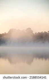 A mist drifts over the pond as the sun gradually lights the sky, the scene offering a moment of serenity and reflection. - Shutterstock ID 2188554141