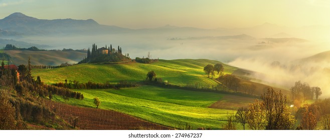 Mist flowing in the green fields of Tuscany in the morning
