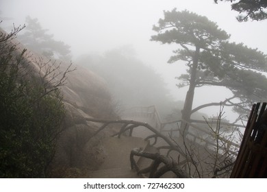 The Mist, a Foggy Rainny day. Stone Steep Steps . Trekking walking hiking Huangshan Mountain. Anhui, China. 13th,April 2009