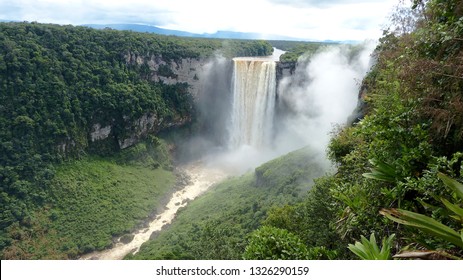 Mist Rising Over Jungle At Kaieteur Falls In Guyana On Cloudy Day.