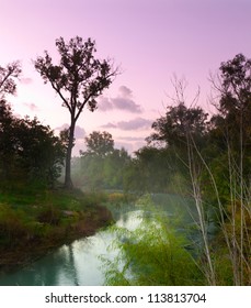 Mist Rising From The San Marcos River In Texas At Dawn.