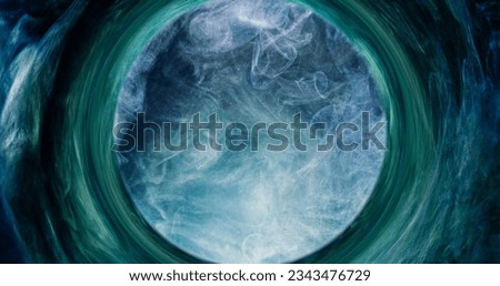 Mist swirl. Glitter smoke. Occult wheel. Shiny blue green color steam cloud in circle frame vortex abstract background with free space.