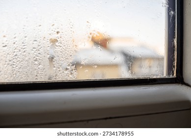 misted window sill framing distant rooftops, cool morning haze and narrow ledge details retiree watching