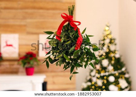 Mistletoe bunch with red bow hanging in room decorated for Christmas