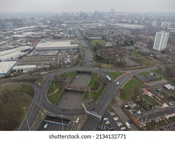 Misty Aerial View Of Birmingham UK With Motorway