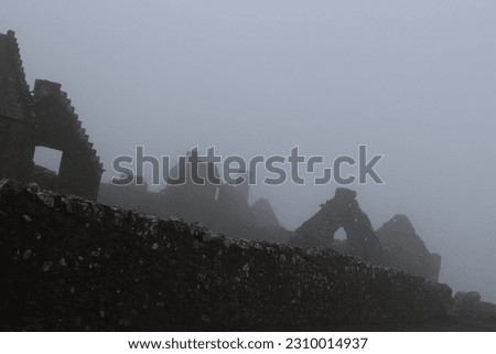 Misty Castle Old Celtic Ancient Ruins Dunottar Cathedral Abbey Monastery Stone Brick Wall Fog in Misty Mist Rain Scotland Foggy Cloud Scandinavian Grey Atmosphere Gothic Roman Architecture Mossy Grass
