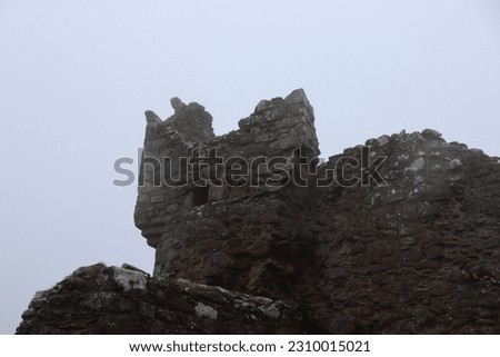 Misty Castle Old Celtic Ancient Ruins Dunottar Cathedral Abbey Monastery Stone Brick Wall Fog in Misty Mist Rain Scotland Foggy Cloud Scandinavian Grey Atmosphere Gothic Roman Architecture Mossy Grass