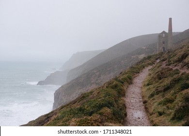 Misty Cornwall Winter Coastline With Scenes Of Engine Houses On The South West Coast Path