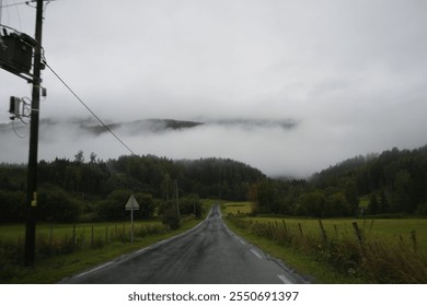 A misty countryside road in Norway leads through lush green fields and dense forests. The fog drapes over the forested hills, creating a serene and moody atmosphere. - Powered by Shutterstock