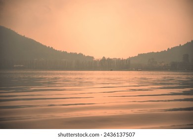 Misty Dal lake in Srinagar on the afternoon of January in Jammu and Kashmir. Still water with bare trees and shikaras in the background. - Powered by Shutterstock