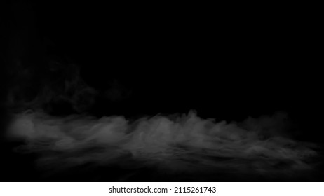 Misty Fog Effect Texture Overlays For Text Or Space. Smoke On Floor. Isolated Black Background. White Clouds Of Vapor Smoke. Gas Explodes, Swirl And Dances In Space. Explosion Smoke Bomb. Dry Ice.