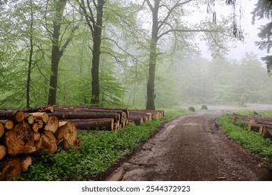 A misty forest path surrounded by tall trees and stacks of cut logs, creating a serene and mysterious atmosphere in nature. - Powered by Shutterstock