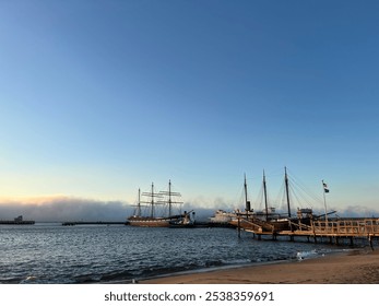 Misty Harbor Foggy Morning Historic Ships Sailing Ships Pier Dock - Powered by Shutterstock