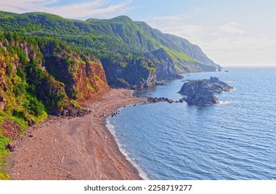 Misty Hills Above a Remote Beach in the Green Gardens in Gros Morne National Park in New Foundland - Shutterstock ID 2258719277