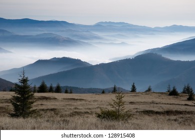 A Misty Landscape In Carpathian Mountains