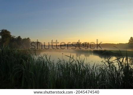 Misty landscape in the early morning at a golf course. Sun risning the east. Next to a small lake. Vallentuna, Stockholm, Sweden, Scandinavia, Europe.