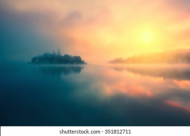 Misty morning in lake Bled-Slovenia