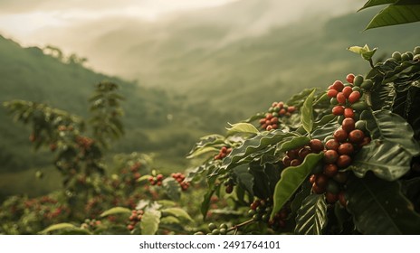 Misty Morning in a Lush Coffee Plantation at Sunrise