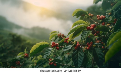 Misty Morning in a Lush Coffee Plantation at Sunrise - Powered by Shutterstock