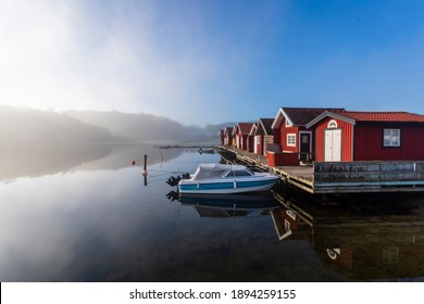 A Misty Morning In The Small Village Fiskebäckskil On The Swedish West Coast, Bohuslän.