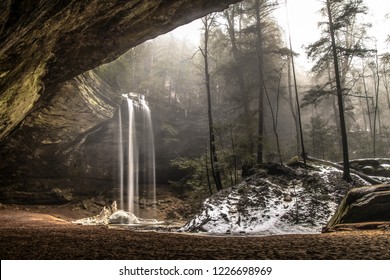 Misty Morning Waterfall. Magical misty spring morning at the beautiful Ash Cave waterfall in Hocking Hills State Park in southeastern Ohio. 