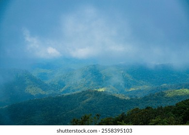 Misty mountain landscape nature reserve photography lush greenery scenic view serenity and adventure - Powered by Shutterstock