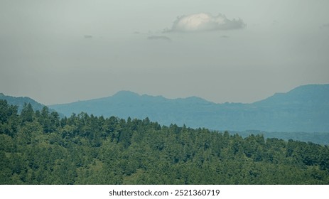 misty mountain range covered in lush green forests, with a single cloud dotting the sky. - Powered by Shutterstock