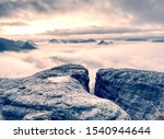 Misty mountains. Low clouds float between mountains. Dense fog lies in mountainous valley among greenery