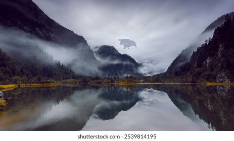 Misty mountains reflect in a tranquil lake with dense forest surrounding under a cloudy sky. - Powered by Shutterstock