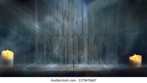 Misty room. Halloween night wooden table and wall background.