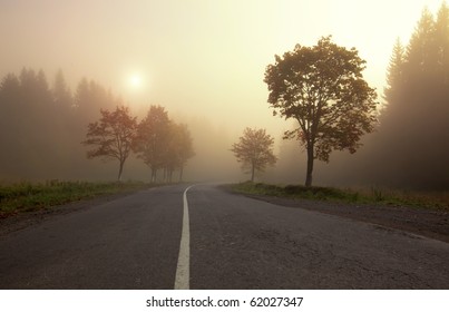 Misty sunrise on mountain autumn forest road