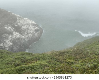 A misty view of the rugged west coast, with dense fog blanketing the shoreline and ocean. The rocky cliffs and soft waves create a mysterious and tranquil scene, capturing the coastal beauty overcast - Powered by Shutterstock