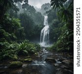 A misty waterfall cascades down a lush green cliff face in a tropical rainforest. Sunlight filters through the dense foliage, illuminating the mist rising from the wate