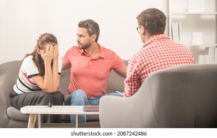 Misunderstanding. Angry Couple At Psychologist Session. Family Therapy. Man And Woman