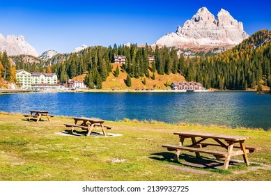 Misurina, Tre Cime di Lavaredo in Italy - Veautiful Misurina Lake and  Sexten Dolomites or Dolomiti di Sesto, South Tyrol region of Alps.