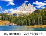 Misurina, Tre Cime, Italy - Drei Zinnen or Tre Cime di Lavaredo with beautiful Misurina Lake, Sexten Dolomites or Dolomiti di Sesto, South Tirol, Italian Alps.