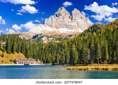 Misurina, Tre Cime, Italy - Drei Zinnen or Tre Cime di Lavaredo with beautiful Misurina Lake, Sexten Dolomites or Dolomiti di Sesto, South Tirol, Italian Alps.