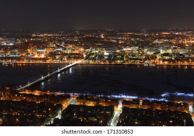 MIT campus on Charles River bank aerial view at night, Boston, Massachusetts, USA