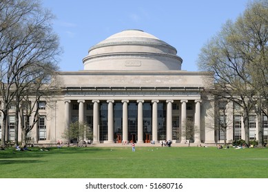 MIT (Massachusetts Institute of Technology) in the spring. Students relaxing on the lawn in front of Building 10